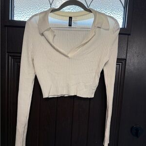 H&M Cream Ribbed Long Sleeve Crop Top